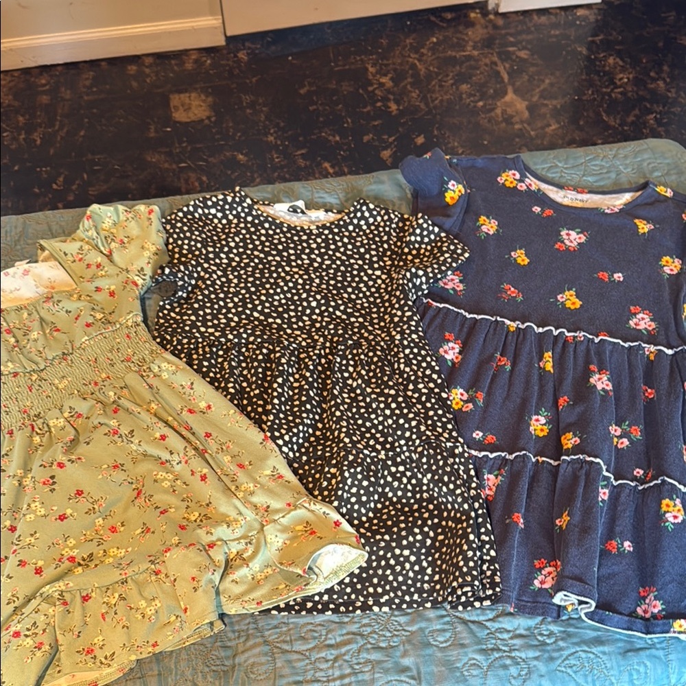 Floral Kids Dress Set - Green, Black, and Blue